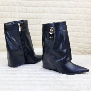 Valley Black Wedge Heel Fold Over Skirted Ankle Boots